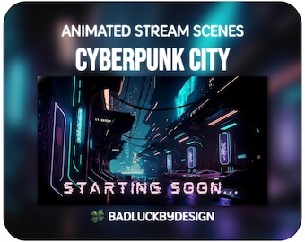 Geanimeerde cyberpunk-stadsstreamscènes - neon-futuristische twitch-schermen | Vtuber-achtergrond | Direct downloaden