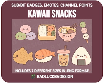 8x Japanse snack Twitch-badges/emotes - Kawaii Sushi, Ramen en Boba Streamer Assets (PNG-download)
