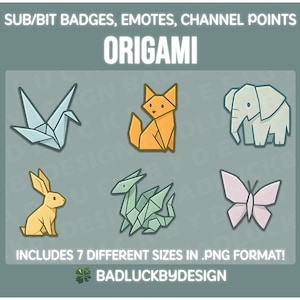 Könnte beinhalten: Eine Sammlung von Origami-Tierdesigns, darunter ein Kranich, ein Fuchs, ein Elefant, ein Kaninchen, ein Drache und ein Schmetterling. Das Bild enthält den Text "ORIGAMI" und "INCLUDES 7 DIFFERENT SIZES IN .PNG FORMAT!" auf tealfarbenem Hintergrund.