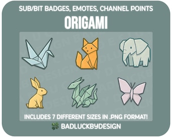 6x Origami Twitch Badges/Emotes - Crane Cat Bunny Dragon Animal Streamer Assets (Instant Download)