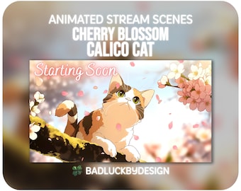 Geanimeerde lapjeskattenstroomscènes - Kersenbloesem-anime Twitch-schermen | Vtuber-achtergrond | Direct downloaden