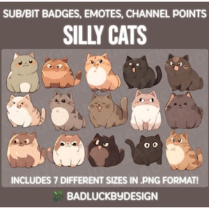 15 x Silly Cats-abonneebitbadges emotes | Twitch-streameritems | Derp Funny Animal Emoji's Kitten Kitty | PNG-bestanden direct downloaden