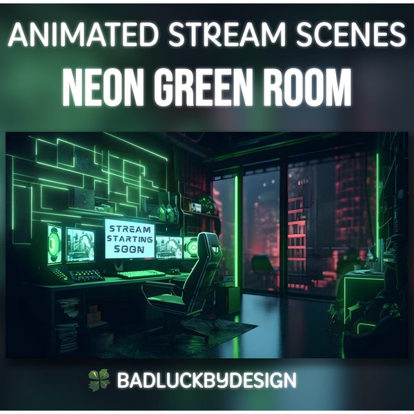 Neon Green Room Animated Streaming Scenes | Gaming Cyberpunk Futuristic Twitch Screens Pack | Starting/Ending Soon, Be Right Back, Offline