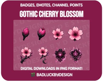 8x Gothic Cherry Blossom Twitch Badges/Emotes - Sakura Japanese Flower Streamer Assets (PNG Download)