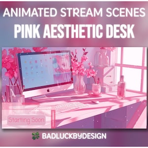 Könnte beinhalten: Animierte Stream-Szene mit einem rosa ästhetischen Schreibtisch mit einem Computer, einer Tastatur, einer Maus, Blumen und einem Fenster. Der Text "Starting Soon" wird auf dem Bildschirm angezeigt. Der Text "BADLUCKBYDESIGN" wird am unteren Rand des Bildes angezeigt.