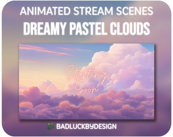 Scènes animées de nuages pastel oniriques | Pack d'écrans Twitch mignons Lofi anime cosy | Débutant/finissant bientôt, BRB, Juste en train de discuter, Hors ligne