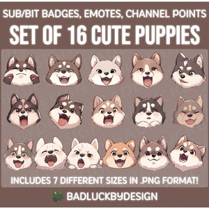 16x Cute Dogs Sub/Bit Badges/Emotes | Twitch Streamer Assets | Puppy, Doggy, Animal, Kawaii, Emojis, Funny | Instant Download PNG Files