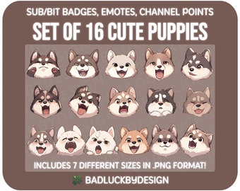 16 x puppy Twitch-badges/emotes - honden dier kawaii grappig streamer-items (directe png-download)