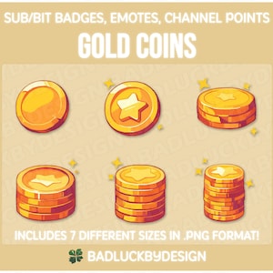 6x Złote Monety Subskrybent Bit Odznaki Emotikony | Twitch Streamer Assets | Fantasy Money Pile Discord Emoji Treasure | Natychmiastowe Pobieranie Plików PNG