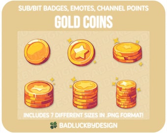 6x gouden munt Twitch-badges/emotes - Fantasy Treasure & Money Stack Streamer Assets (PNG-download)