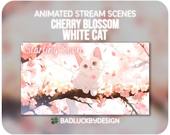 Animated White Cat Stream Scenes - Cherry Blossom Anime Twitch Screens | Vtuber Background | Instant Download