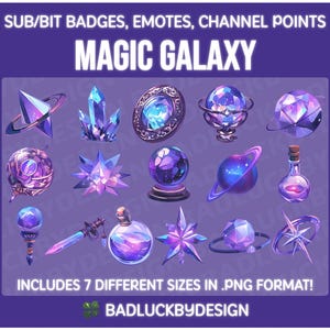 Könnte beinhalten: Ein Set mit 12 bunten digitalen Abzeichen und Emojis mit Galaxie-Thema. Die Abzeichen und Emojis beinhalten Sterne, Kristalle, Planeten und Orbs. Der Text "MAGIC GALAXY" befindet sich oben im Bild. Der Text "INCLUDES 7 DIFFERENT SIZES IN .PNG FORMAT!" befindet sich unten im Bild. Der Text "BADLUCKBYDESIGN" befindet sich unten im Bild.