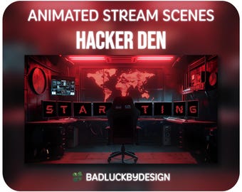 Futuristic Hacker Den Animated Stream Scenes Pack | Cool Red Cyberpunk Twitch Screens, Starting, Be Right Back, Chatting, Offline, Ending