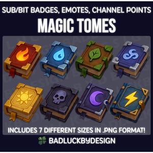 May include: Seven different sized digital illustrations of magic tomes with various elemental symbols. The tomes are in a cartoon style with a gold trim and a green, blue, red, purple, yellow, black, or brown cover. The text "MAGIC TOMES" is at the top of the image.