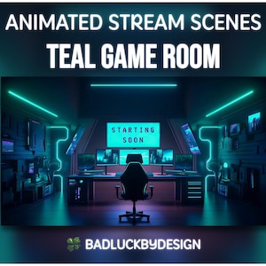 Futuristic Teal Game Room Animated Stream Scenes Pack | Cyberpunk Twitch Screens, Starting Soon, Be Right Back, Chatting, Offline, Ending