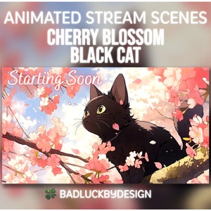 Cherry Blossom Black Cat Animated Stream Scenes | Cute Kitten Floral Twitch Screens Pack | Starting/Ending Soon, BRB, Just Chatting, Offline