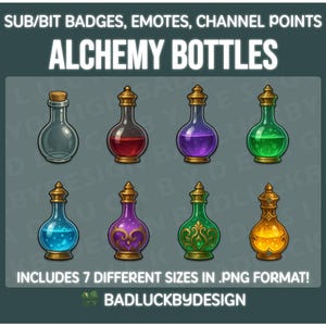 May include: A collection of seven stylized alchemy bottles in various colors, including red, purple, green, blue, and gold, with ornate golden stoppers. The image includes the text "ALCHEMY BOTTLES" and "INCLUDES 7 DIFFERENT SIZES IN .PNG FORMAT!"