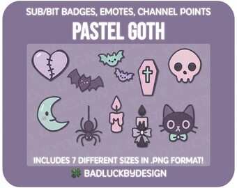 10x Pastel Goth Twitch Badges/Emotes - Bats Candles Cat Skulls Streamer Assets (PNG Download)