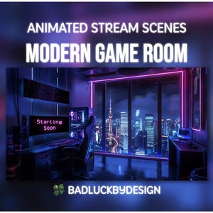 Scènes de streaming animées dans une salle de jeux moderne - Écrans Twitch cyberpunk violets | Contexte Vtuber | Téléchargement instantané