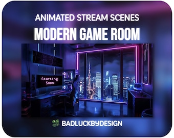 Geanimeerde moderne gameroom-streamscènes - paarse cyberpunk-twitch-schermen | Vtuber-achtergrond | Direct downloaden