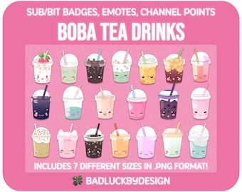 20 x Boba Tea-badges/-emotes - Kawaii Bubble Tapioca Drinks Streamer Assets (directe png-download)
