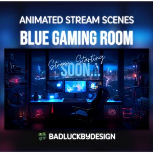 Escenas animadas de transmisión de salas de juegos azules: pantallas de Twitch ciberpunk futuristas / fondo de Vtuber / descarga instantánea