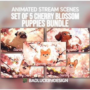 Set von 5 Kirschblüten Hunden Animierte Twitch Szenen: Corgis, Shiba, Mops, Pommern, Dackel