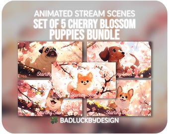 Set of 5 Cherry Blossom Dogs Animated Twitch Scenes: Corgi, Shiba, Pug, Pomerian, Dachshund