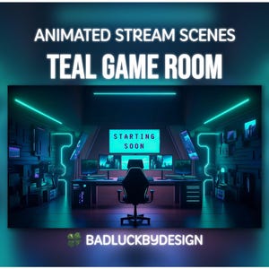 Animated Game Room Stream Scenes - Teal Blue Cyberpunk Twitch Screens | Vtuber Background | Instant Download