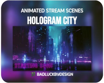 アニメーションホログラムシティストリームシーン - ネオンサイバーパンク未来Twitchスクリーン | Vtuber背景 | 即時ダウンロード