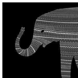 May include: Black and white illustration of an elephant with a geometric pattern. The elephant is facing right and has its trunk raised.