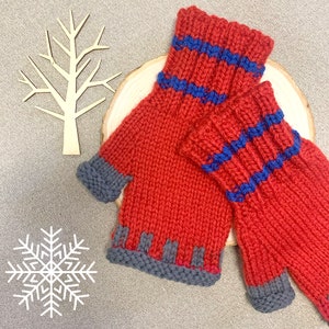 May include: A pair of red knitted mittens with blue and gray stripes. The mittens are made of a soft, warm yarn and are perfect for keeping your hands warm in the winter.