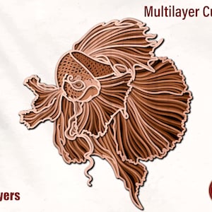 Pode incluir: Um design de arquivo de corte de 6 camadas de um peixe betta com detalhes intrincados. O peixe é marrom e laranja com uma aparência texturizada em camadas. O design é adequado para corte a laser e artesanato.