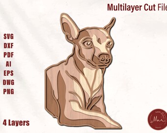 Op de afbeelding: Een gelaagd houten Chihuahua-hondenontwerp. De afbeelding is een meerlaags snijbestand, met de tekst "Multilayer Cut File" bovenaan. Het ontwerp is gemaakt van vier lagen en bevat bestandstypen: SVG, DXF, PDF, AI, EPS, DWG en PNG.