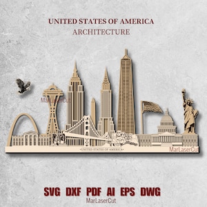 Meerlaagse bezienswaardigheden VS Lasergesneden bestand 3D gelaagde monumenten van de Verenigde Staten SVG Dxf Amerika laser SVG-bestand 3D Independence Laser 4 juli