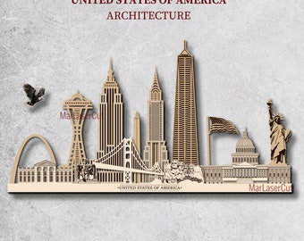 May include: A laser cut wooden design of famous landmarks from across the United States, including the Gateway Arch, the Space Needle, the Empire State Building, the Golden Gate Bridge, the Washington Monument, the Capitol Building, and the Statue of Liberty. The design is titled "United States of America Architecture".