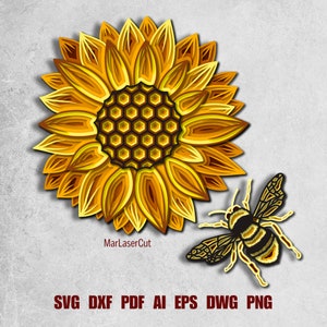 Abeille tournesol fichier 3D découpé au laser tournesol multicouche SVG téléchargement immédiat motif vectoriel Glowforge Cricut Boho maison mur Art déco