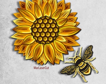 Bee Sunflower Laser Cut 3D File Multilayer Sunflower SVG Instant Download Vector Pattern Design Glowforge Cricut Boho Home Wall Art Decor