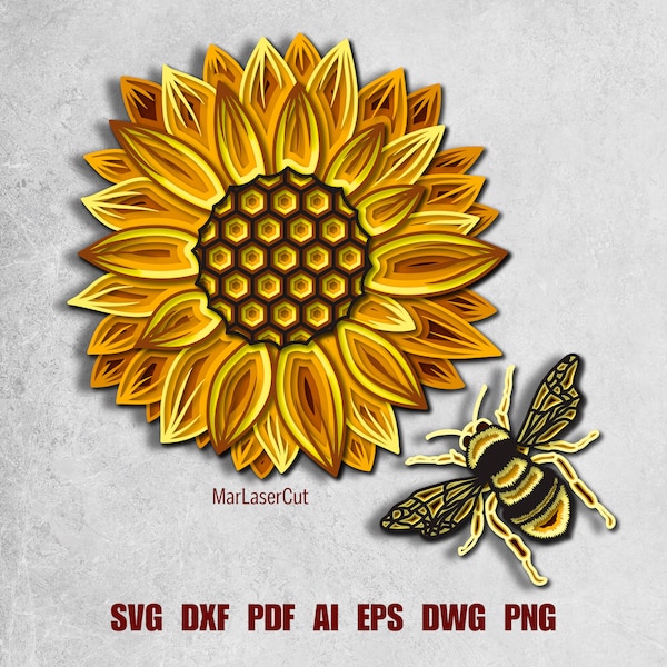 Bee Sunflower Laser Cut 3D File Multilayer Sunflower SVG Instant Download Vector Pattern Design Glowforge Cricut Boho Home Wall Art Decor