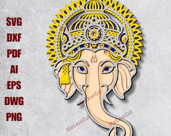 Multilayer Ganesha God Laser Cut File 3D Hinduism Mandala Layered Dxf Dwg Plywood Cutting SVG File 3D Plywood Mandala Hindu Template CNC DXF