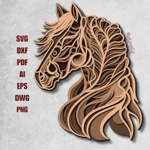 Meerlaags paard lasergesneden bestand 3D paardenmandala gelaagde DXF Dwg multiplex snijden SVG-bestand 3D multiplex mandala paard sjabloon CNC router DXF
