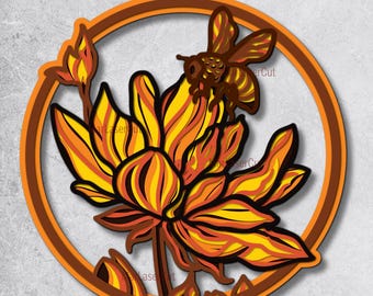 Bee Flower Laser Cut 3D File Multilayer Bee Nature SVG Digital Vector Pattern Design Glowforge Cricut Boho Wall Art Decor Flower DXF
