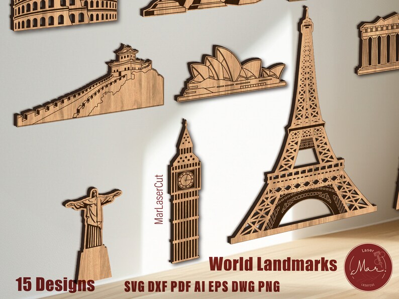 May include: A set of 15 laser cut wood designs featuring famous world landmarks, including the Eiffel Tower, the Great Wall of China, the Sydney Opera House, and Big Ben. The designs are perfect for creating unique home decor or gifts.
