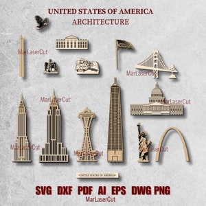 Wielowarstwowe indywidualne USA Zabytki Cięte laserowo Plik 3D Warstwowe Zabytki Stanów Zjednoczonych SVG Cięcie Sklejki Plik Dxf Szablon Architektury 3D