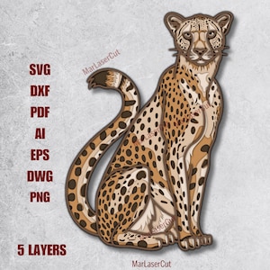 Meerlaags Cheetah Lasergesneden bestand 3D gelaagde Safari Lasergesneden Dxf Dwg Cheetah Multiplex snijden SVG-bestand 3D Multiplex Cheetah Sjabloon CNC DXF