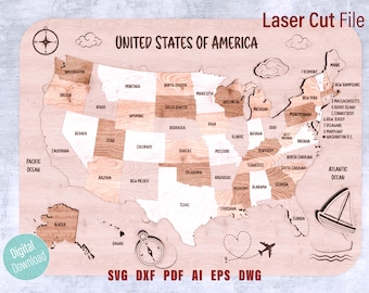 United States Kids Puzzle Laser Cut File SVG layered Montessori Puzzle for kids Laser Cut File Glowforge Laser Cut USA Themed Laser Art DXF