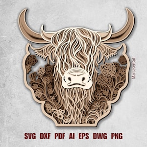 Vache Highland multicouche fichier découpé au laser en couches vache Highland Vache Highland Dxf bois découpé fichier SVG Vache Highland CNC Mandala DXF