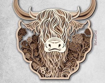 Multilayer Highland Cow Laser Cut File Layered Highland Cow Layered Highland Cow Dxf Wood Laser Cut SVG File Highland Cow CNC Mandala DXF