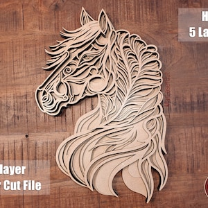 Meerlaags paard lasergesneden bestand 3D paardenmandala gelaagde DXF Dwg multiplex snijden SVG-bestand 3D multiplex mandala paard sjabloon CNC router DXF