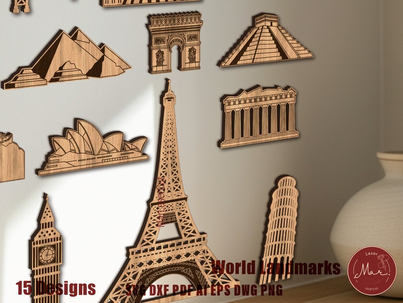 May include: A set of 15 laser cut wooden world landmarks, including the Eiffel Tower, the Great Wall of China, the Taj Mahal, and the Statue of Liberty. The designs are intricate and detailed, and they would make a beautiful addition to any home.